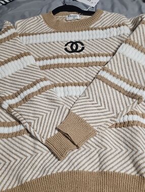 Beige & White Striped Knit Sweater with Logo